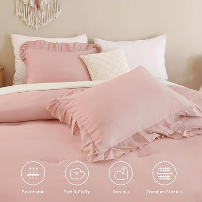 Andency Blush Pink California King Comforter Set, 3 Pieces Oversized Farmhouse Shabby Chic Bed Ruffle Comforter, Cal King Lightweight Soft Microfiber Bedding Set