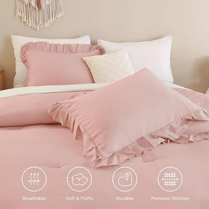 Andency Blush Pink Ruffle Comforter Full, 3 Pieces Rustic Farmhouse Shabby Chic Comforter Set, Vintage Lightweight Soft Microfiber Down Alternative Bedding Comforter Set