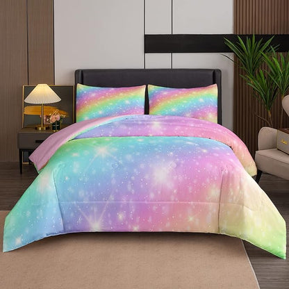 NINENINE Rainbow Bedding Sets,Pink Comforter Sets for girls,Girls Bedding Sets Full,Full Size Comforter Set for girls,Galaxy Comforter Toddler Bedding Set with 1 Comforter 2 Pillowcases