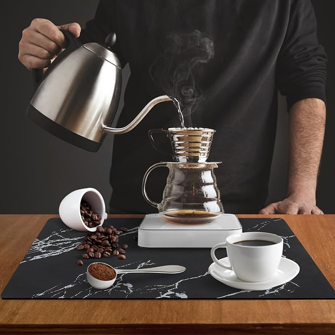 ZLR XXL Coffee Bar Mat for Barista Workstation, 20"x24", Marble Black | Pro Home Cafe Station, Absorbent Dish Drying Mat, Stain-Hiding Top, Fits Multi-Appliance, Cup Display & Knock Box