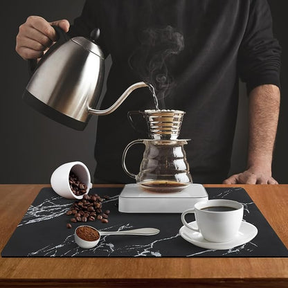 ZLR XXL Coffee Bar Mat for Barista Workstation, 20"x24", Marble Black | Pro Home Cafe Station, Absorbent Dish Drying Mat, Stain-Hiding Top, Fits Multi-Appliance, Cup Display & Knock Box