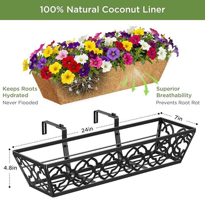 Y&M 24-Inch Window Planter Box 2Pcs Iron Deck Railing With Coco Liner, Metal Horse Troughs for Outdoor Balcony Rail Fence Porch Patio