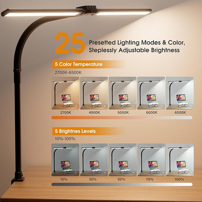LED Desk Lamp with Clamp, Rotatable Architect Lamp for Home Office, Bright Computer Desk Light with Dimmable Color Brightness, Adjustable Desktop Lamp with Gooseneck, Double Head, Black