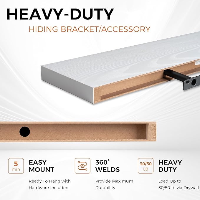 Fun Memories Floating Shelves for Wall, 24" Rustic Wood Deep Wall Mounted Shelves with Invisible Brackets for Decor & Storage, Floating Shelf for Living Room, Bathroom (White, Set of 2)