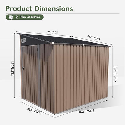 Aoxun 7x5 FT Lean to Shed Garden Metal Storage Shed with Lockable Doors Outdoor Bike Shed for Backyard, Patio, Poolside (Brown)