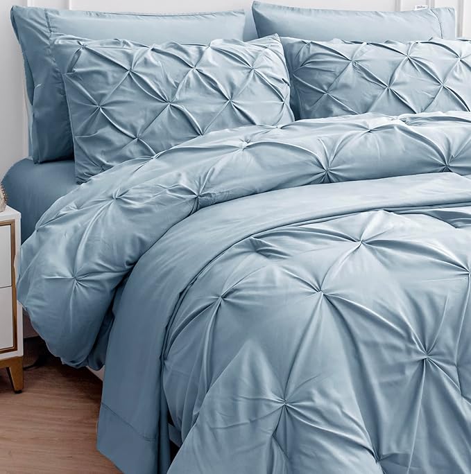 LANE LINEN Bed Comforter Set for Split King Mattress, 8 Piece Split King Bed in a Bag with 1 King Comforter, 1 King Size Flat Sheet, 2 Twin XL Fitted Sheets, 2 Pillowcases & 2 Shams - French Blue