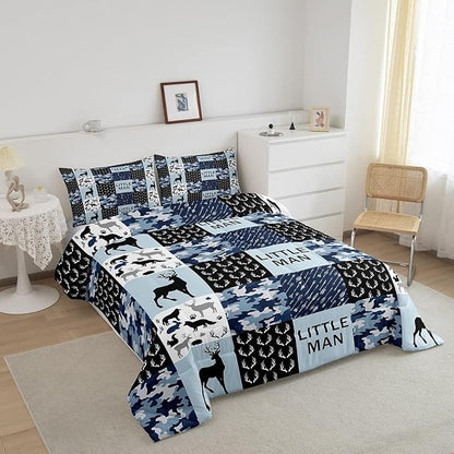 Manfei Camo Deer Antlers Comforter Set Twin,Geometric Checks Patchwork Bedding Set 2pcs for Kids Teens Boys Adults Room Decor,Boho Arrow Animals Quilt Set,Blue Xmas Duvet Insert with 1 Pillowcase