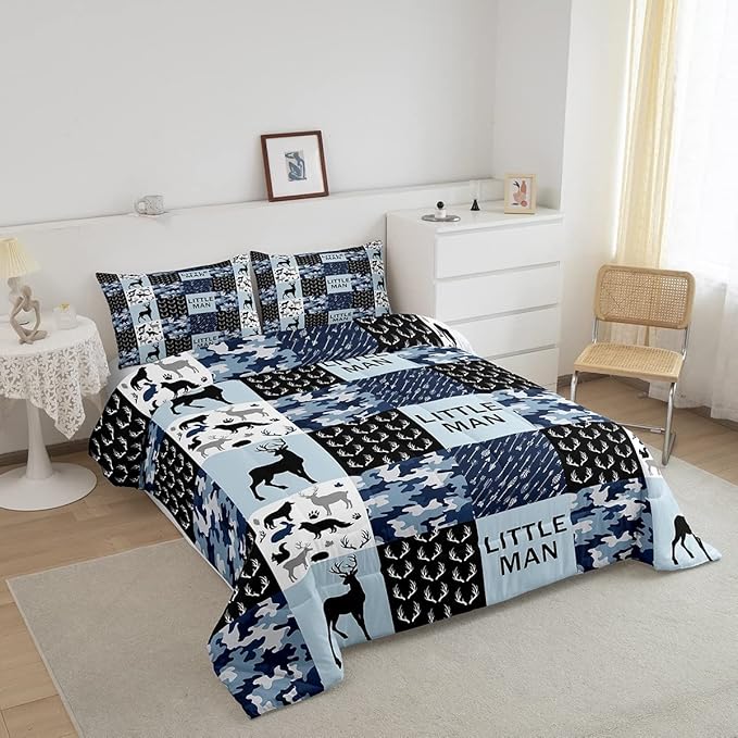Manfei Camo Deer Antlers Comforter Set Full, Geometric Checks Patchwork Bedding 3pcs for Room Decor, Boho Arrow Animals Quilt Set, Blue Xmas Duvet Insert with 2 Pillowcases (WWS10844GYY-BZ_USf)