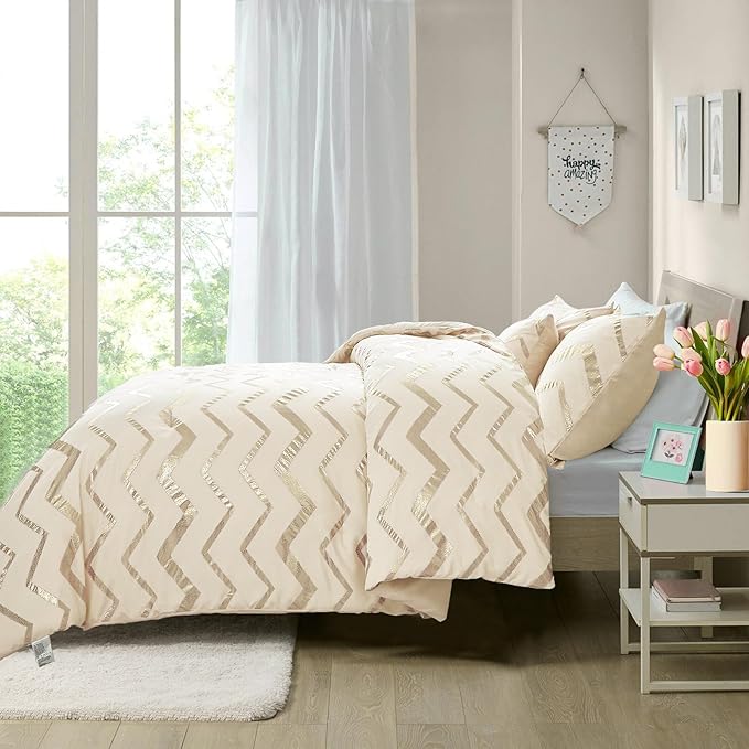 Cream Comforter Set Queen Size Metallic Gold Bedding Set All Season Lightweight Microfiber Comforter for Girls, 4 Piece (2 Pillow Shams + 1 Decorative Pillow Sham)