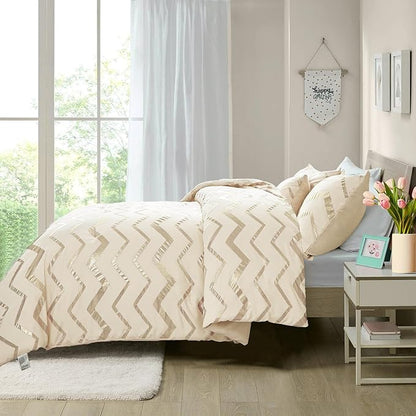 Girls Comforter Set Twin Size Cream Bedding Set Cute Metallic Gold Bed Comforter 3 Piece Lightweight Microfiber Comforter for Kids Teen