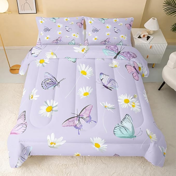 Butterfly Comforter Set for Kids Teens Girls Women,Daisy Kids Comforter,1 Comforter with 2 Pillowcase, Microfiber 3 Piece Bedding Set,for All Seasons(Purple，Full Size)