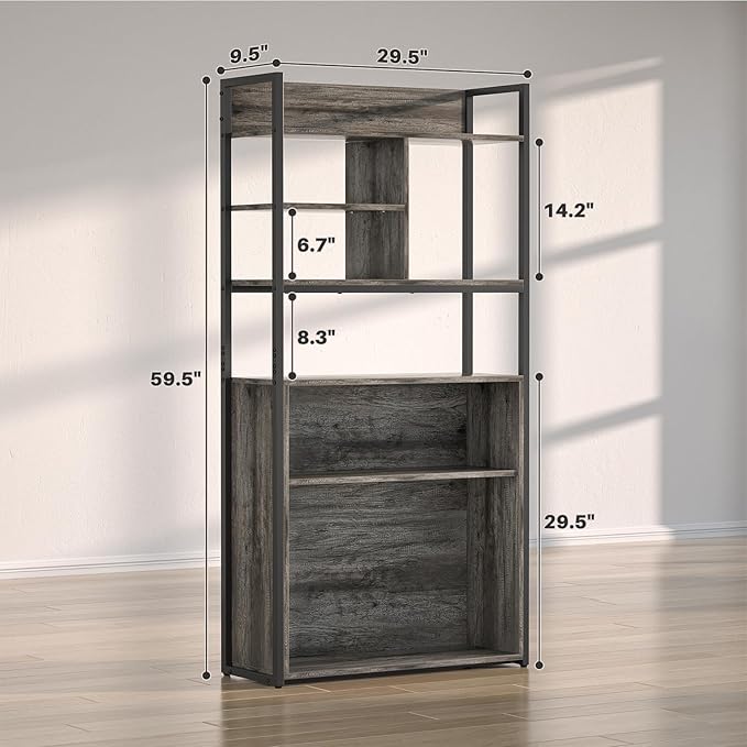 armocity Industrial Bookshelf, 6 Tier Tall Bookshelves Wood Metal Frame Standing Bookcase, Display Book Shelf with Adjustable Storage Shelves for Home Office, Living Room, Bed Room, Grey Oak