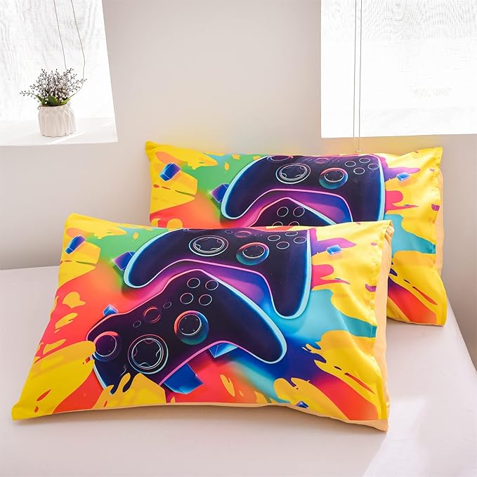Aimuan Gamer Gaming Bedding Sets 3D Gamepad Comforter Sets for Boys Games Console Action Buttons Novelty Colorful Game Controller Modern Room Decor Home Quilt Set (Queen, Yellow)