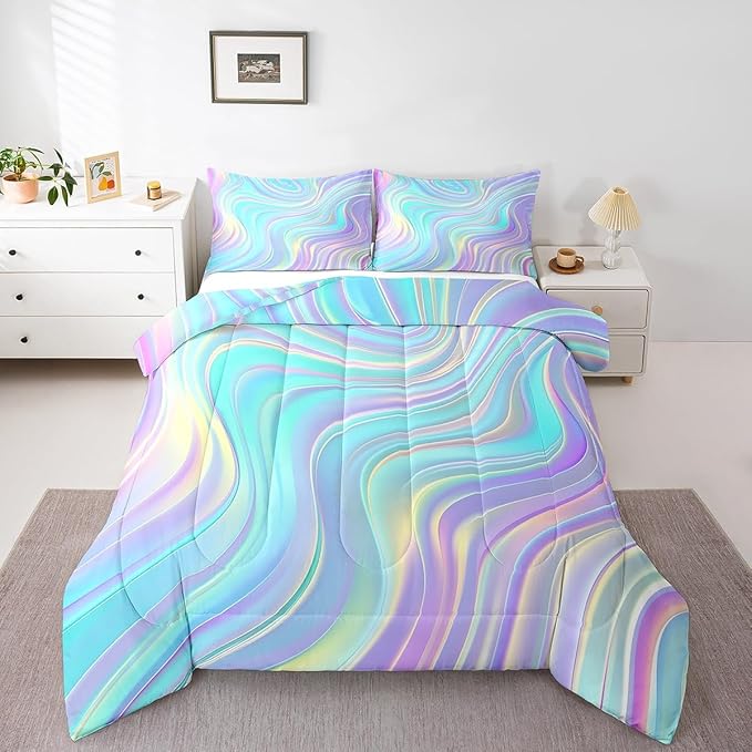 Pastel Rainbow Comforter Set with Pillowcase Abstract Wave Stripes 3D Printed Designs 2 Piece Bedroom Duvet Set Psychedelic Girl Bed Down Comforter for Kids Women Dorm Room (Twin,Coulourful Marble)