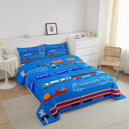 Erosebridal Train King Comforter Set for Boys,Cartoon Car Bedding Set for Kids Boys Girls Toddler,Vintage Car Down Comforter,Retro Steam Railway Rail Traffic Light Duvet Set Bedroom Decor,Blue 3Pcs