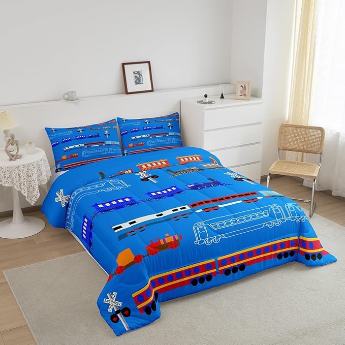Erosebridal Train Queen Comforter Set for Boys,Cartoon Car Bedding Set for Kids Boys Girls Toddler,Vintage Car Down Comforter,Retro Steam Railway Rail Traffic Light Duvet Set Bedroom Decor,Blue 3Pcs