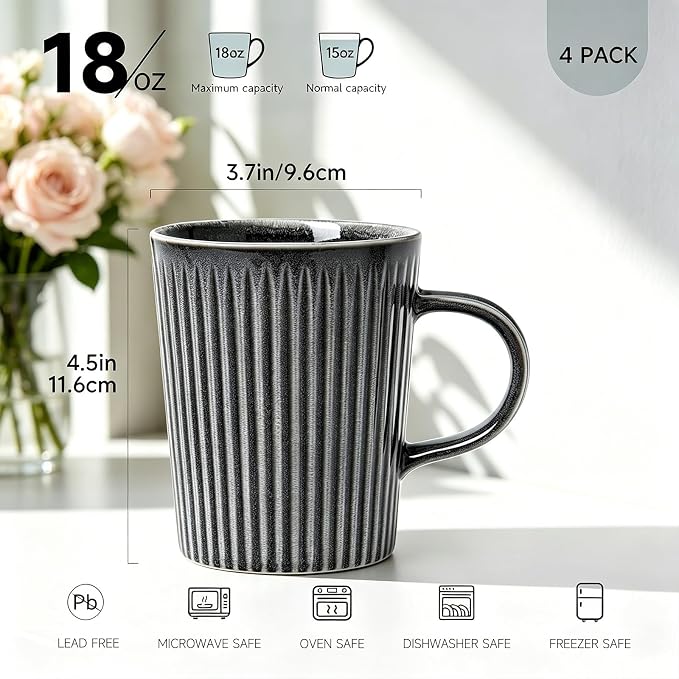 Coffee Mugs Set of 4, 18oz Large Striped Stoneware Coffee Cups with Handle | Handmade Ceramic Mugs Set for Women and Men, Dishwasher and Microwave Safe, Suitable for Hot Coffee, Tea, Cocoa, Milk, Glossy
