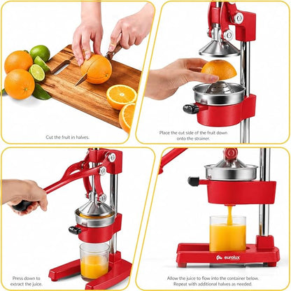 Eurolux Ultra-Premium Cast Iron Juicer | Extra-Large, Heavy Duty, Commercial Grade, Stainless Steel Manual Hand Press Citrus Squeezer For Fresh Orange Juice, Pomegranate, Lemon, and Much More (Red)