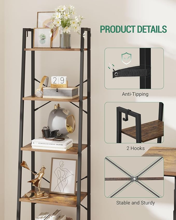 Ladder Shelf, Bookshelf Bookcase, Freestanding Corner Storage Shelve with 2 Hooks for Home Office, Living Room, Kitchen, Bedroom, Industrial, 5-Tier Rustic Brown BC19201B