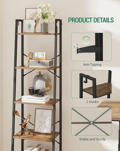 Ladder Shelf, Bookshelf Bookcase, Freestanding Corner Storage Shelve with 2 Hooks for Home Office, Living Room, Kitchen, Bedroom, Industrial, 5-Tier Rustic Brown BC19201B