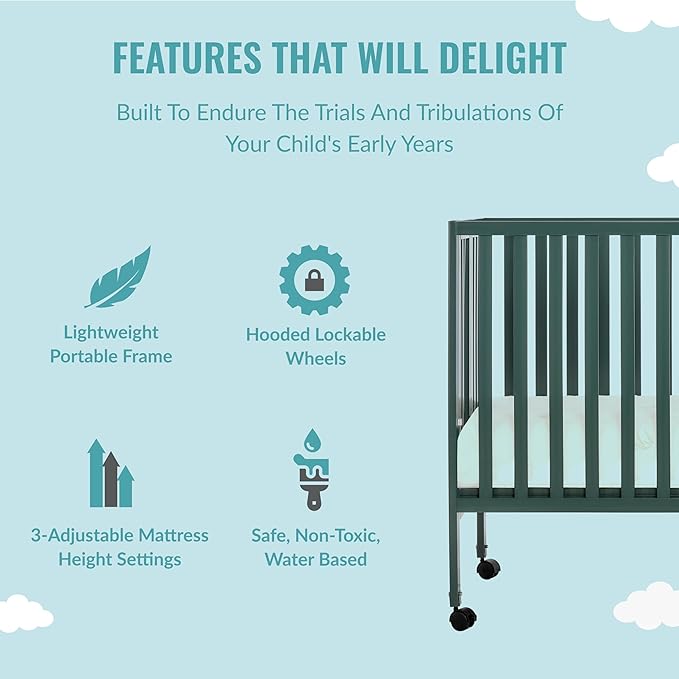 Quinn Full-Size Folding Crib in Olive, Removeable Wheels, Modern Nursey, Adjustable Mattress Support, Portable Crib, Patented Folding System