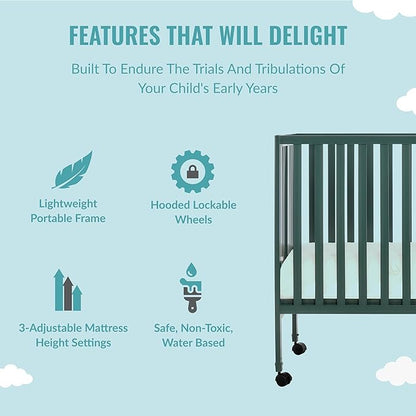 Quinn Full-Size Folding Crib in Olive, Removeable Wheels, Modern Nursey, Adjustable Mattress Support, Portable Crib, Patented Folding System