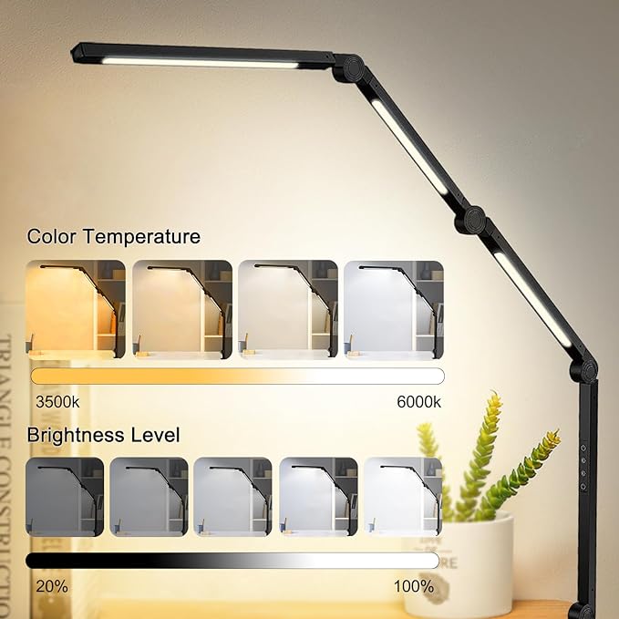 LED Desk Lamp with Clamp Flexible 4 sections Swing Arm Three light sources desk light, 4 Color Modes & 5 Brightness, Eye Caring Led table light with Memory Function for table lamps for office