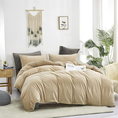 Wellboo Beige Velvet Comforter Sets King Solid Cream Coffee Fluffy Bedding Comforters Luxury Champagne Flannel Quilts Women Men Light Taupe Fuzzy Blankets Modern Minimalist Khaki Tan Sherpa Plush Bed