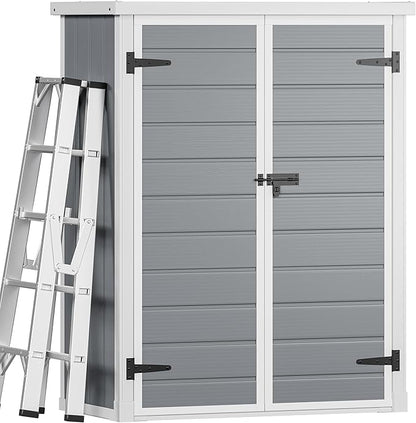 DWVO 49 Cuft Outdoor Tall Storage Shed with 2 Shelves, Weatherproof Vertical Tool Shed with Floor & Lockable Doors, Sturdy Double-Wall Plastic Cabinet for Garbage Cans and Garden Equipment (Gray)
