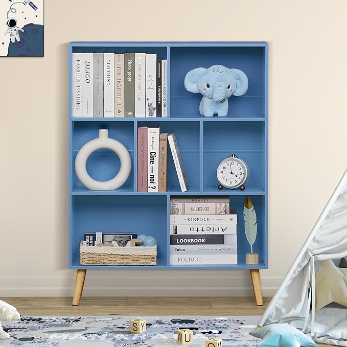 YAHARBO 7 Cube Bookshelf, Blue Kids Book Shelf with Cubby Storage,Wooden Modern Bookcase with Legs,3 Tier Freestanding Display Book Case,Children Toy Organizer,Bookshelves for Office,Nursery,Playroom