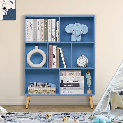 YAHARBO 7 Cube Bookshelf, Blue Kids Book Shelf with Cubby Storage,Wooden Modern Bookcase with Legs,3 Tier Freestanding Display Book Case,Children Toy Organizer,Bookshelves for Office,Nursery,Playroom