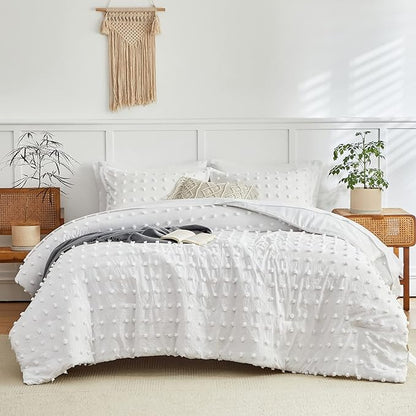 6 Pieces Tufted Dots Bed in a Bag Twin Comforter Set with Sheets White , Soft and Embroidery Shabby Chic Boho Bohemian Comforters, Solid Color with Pom Pom Design, Jacquard Tufts Bedding Set for Kids