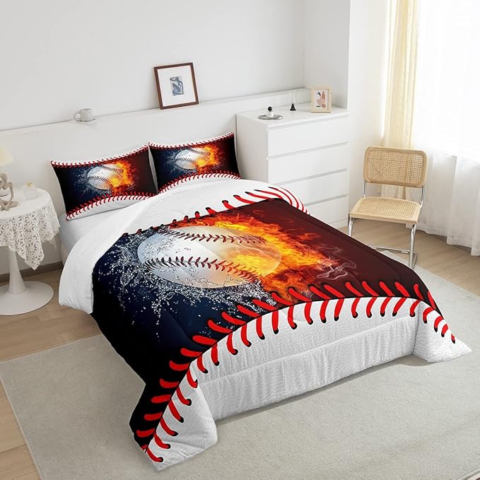 Erosebridal Baseball Comforter Set Kids Baseball Full Bedding Set for Teen Boys Sports Games Bedding Comforter Sets Red Blue Water Fire Quilted Duvet Sport Theme Bedroom Dorm Decor 2 Pillowcases