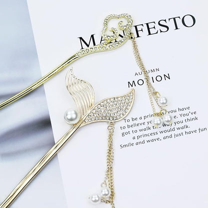 inSowni 8 Pieces Vintage Retro Asian Chinese Hanfu Gold Metal Hair Sticks Pins with Pearl Pendants Bamboo Leaf Flower Fishtail Hair Chopsticks Forks Bun Updo Holders Long Hairpins for Women Girls