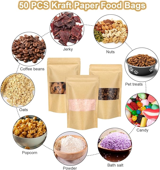 50 Pack Kraft Resealable Bags with Window for Storage (4 x 6.5 Inches) | Brown Zipper-Lock Heat Sealable Stand Up Pouch Bags with Matte Window and Tear Notch for Small Business Home Use
