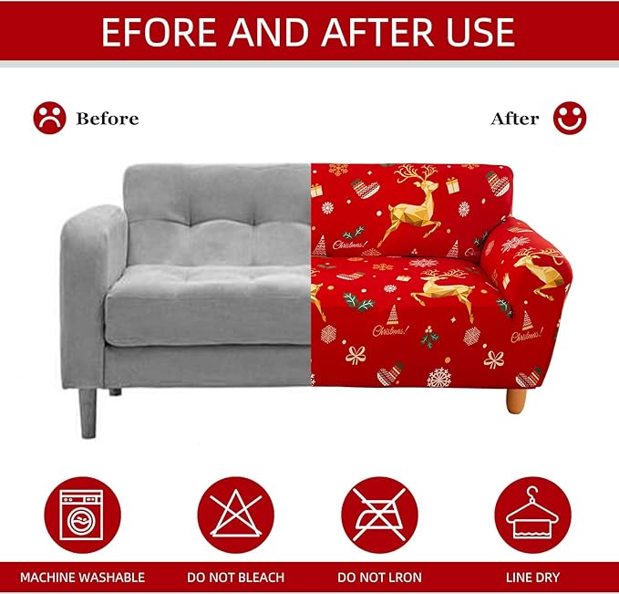 Mybedsoul Christmas Printed Red Sofa Cover Reindeer Printed Elastic Couch Cover Machine Washable Christmas Theme Red Sofa Slipcover for Living Room(3 Seater/Loveseat)