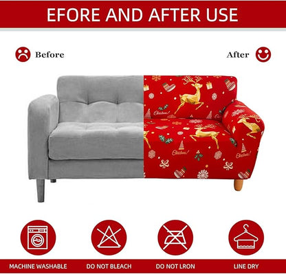 Mybedsoul Christmas Printed Red Sofa Cover Reindeer Printed Elastic Couch Cover Machine Washable Christmas Theme Red Sofa Slipcover for Living Room(3 Seater/Loveseat)