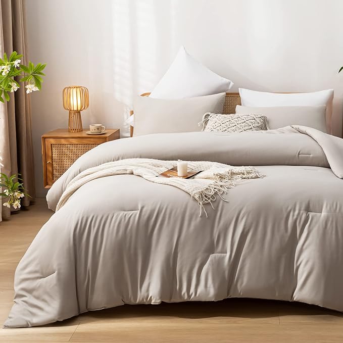 3PCS Boho Full Size Comforter Set Tannish Grey Farmhouse Bed Comforter for Teen Women and Men Reversible Warm Washable Microfiber Comforter for All Season