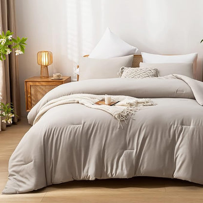 Queen Comforter Solid Color 3PCS Boho Bed Comforter Set Queen Size Tannish Grey Soft Lightweight Down Alternative Microfiber Comforter for All Season (1 Comforter, 2 Pillowcases)