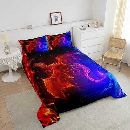 Erosebridal Dragon Comforter Set Nebula Bedding Set Twin Size Mysterious Outer Space Quilted Duvet Trippy Duvet Set for Kids Boys Girls Teens Young Man Room Decorative, Blue Red