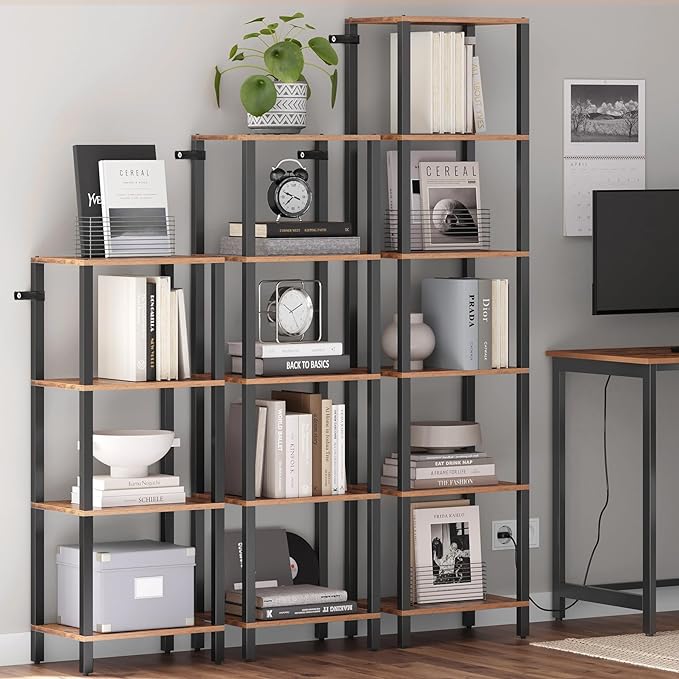 TUTOTAK Bookshelf, 5-Tier Tall Book Shelf, Narrow Bookcase for Small Space, DIY Stackable Bookshelf, for Living Room, Office, Study, Entryway, Industrial, Rustic Brown and Black BS01BB005