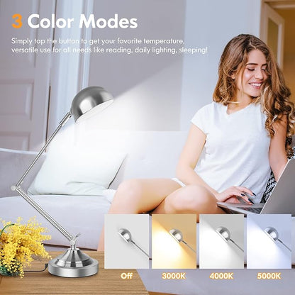 Touch Control LED Desk Lamp with USB Charging Port, Architect Brushed Nickle Lamp with Adjustable Swing Arm, Dimmable Silver Desk Lamp for Home Office Reading Study, 3000K/4000K/5000K 3 Color Modes