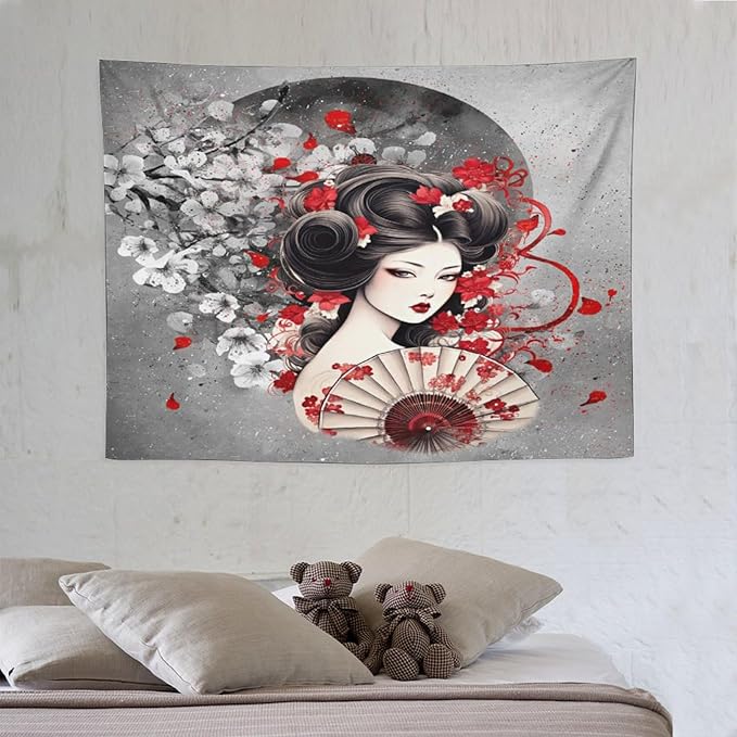 Japanese Geisha Tapestry Asian Red Cherry Blossom Red Sun Traditional Kimono Folk Tapestries Home Decor for Living Room Bedroom Apartment Farmhouse Dorm 40"x30"