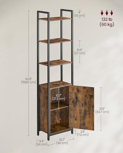 VASAGLE 6-Tier Bookshelf, Tall Bookcase with Door, Steel Frame, Adjustable Shelves, 9.4 x 15.7 x 62.8 Inches, Living Room Bedroom, Rustic Brown and Ink Black ULLS132K01