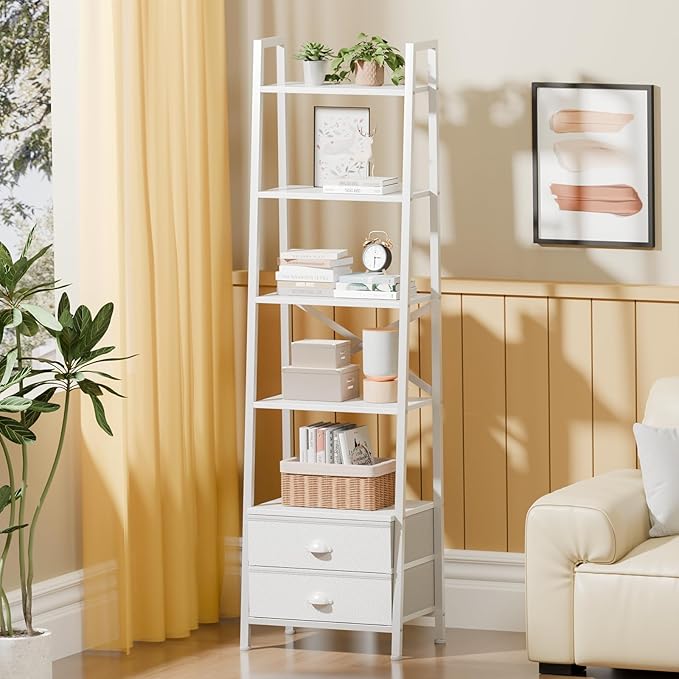 Furologee 5-Tier Ladder Shelf with 2 Drawers,Narrow Bookshelf Storage Shelves,Industrial Bookcase Freestanding Shelf Units for Bedroom,Living Room,Bathroom,Home Office,Balcony,Wood Metal, White
