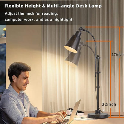 Metal Desk Lamp Rustic Task Lamp Black Adjustable, Industrial Style Lamp with On/Off Switch, Vintage Work Lamp, Reading Lamp for Bedroom, Study Room &Office, ETL Certificate. (Black01-3S)