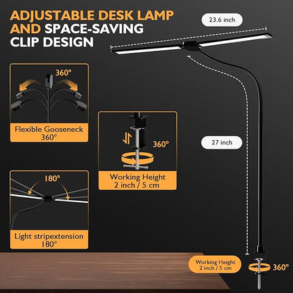 Desk Lamp,20W Ultra Bright Auto Dimming Desk Light Stepless Dimming and Tempering LED Desk Lamp,Dual Screen Computer Monitor Gooseneck Smart Light,5 adjustable lighting modes for Office Home
