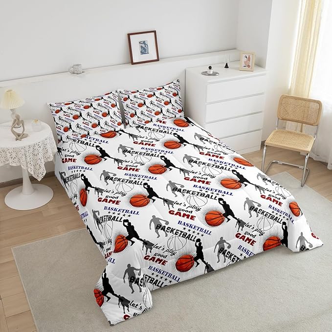 Erosebridal Teen Boys Basketball Bedding Full Size Basketball Player Quilt Set Kids Girls Sports Bed Comforter Set All Season,Soft Lightweight Duvet Set 1 Basketball Comforter and 2 Pillow Cases