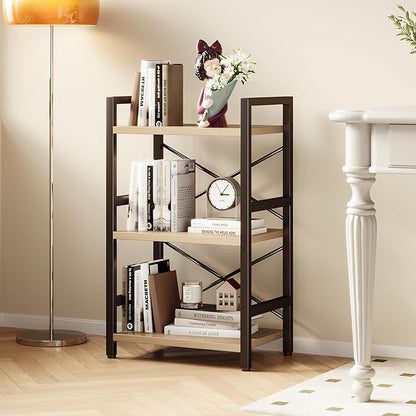 Bookshelf, 3 Tier Industrial Bookcase, Metal Small Bookcase, Rustic Etagere Book Shelf Storage Organizer for Living Room, Bedroom, and Home Office(Light Coffee) Patent Pending D29873033