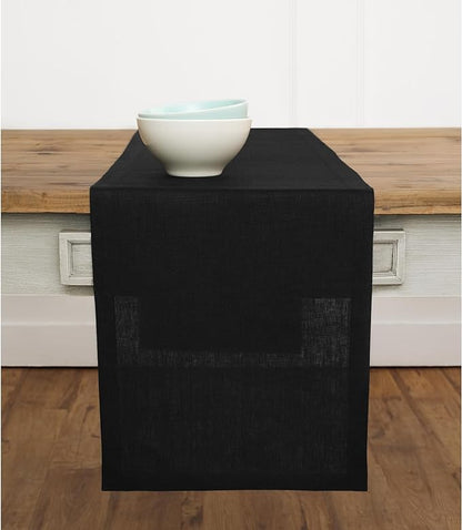 Solino Home Linen Black Table Runner 48 Inches - 100% Pure Linen Small Table Runner 14 x 48 Inch Ideal for Dresser and Coffee Tables - Fall, Autumn, Halloween, Thanksgiving - Fete